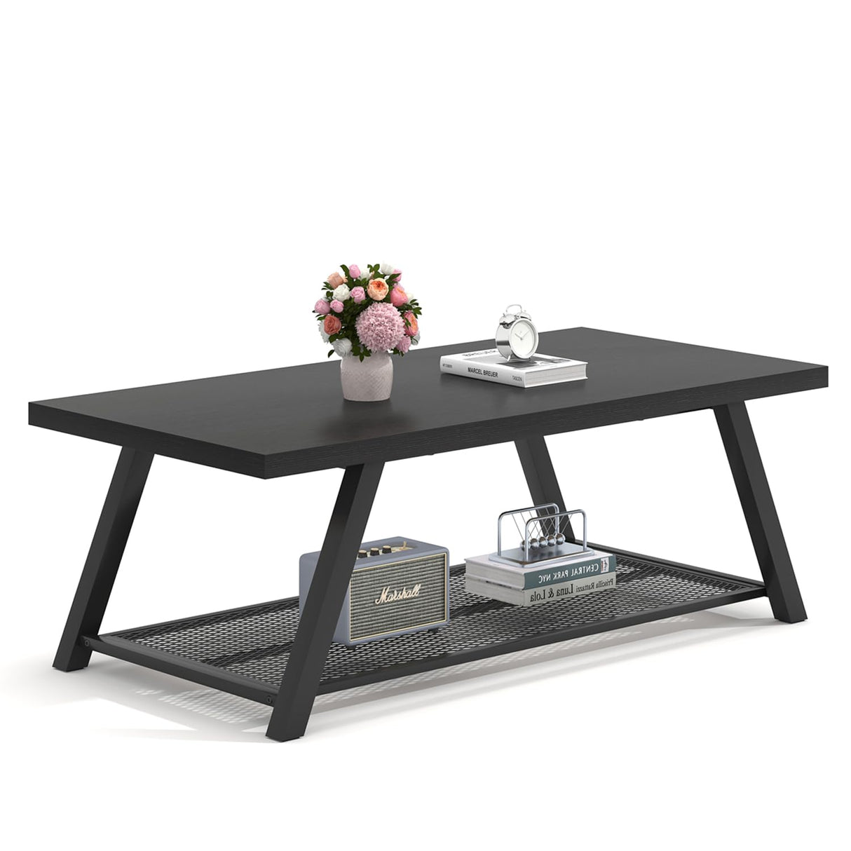 FOLUBAN Black Coffee Table, Modern Rustic Wood and Metal Living Room Table with Storage Shelf, Industrial Rectangle Cocktail Tea Table, 47 Inch