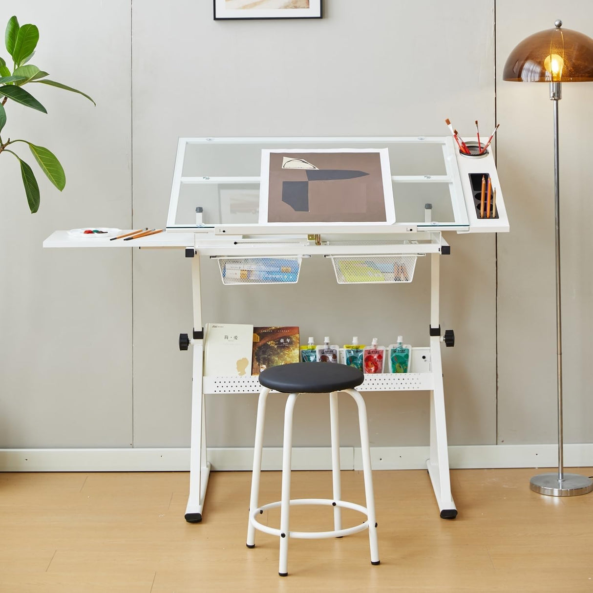 Drafting Table w/Stool, Height Adjustable Drawing Table, Multifunctional Art Craft Paintings Work Station w/2 Storage Drawers Artists Desk Tilting Glass Tabletop for Home Office White MilleLoom