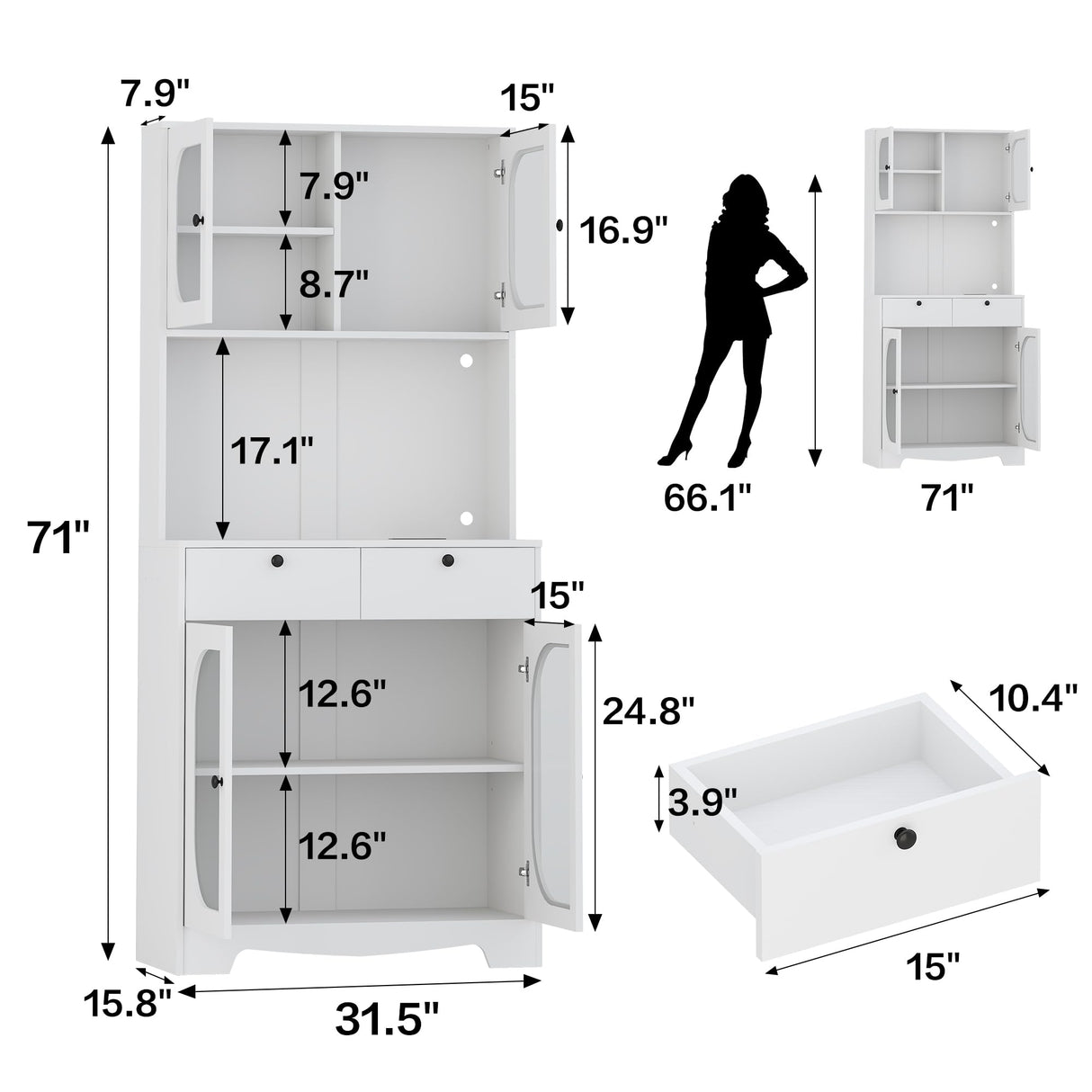 71" Kitchen Pantry Storage Cabinet with Lights and Charging Station, Tall Hutch Cabinet with Storage and Microwave Shelf for Dining Room spanspace