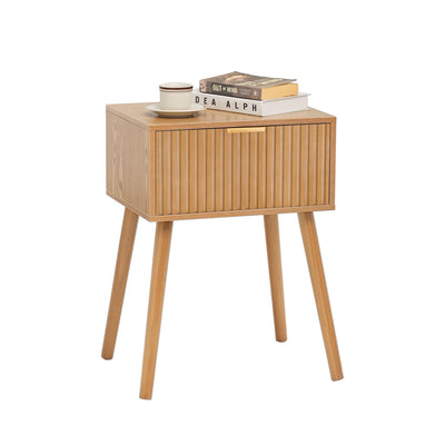 Fluted Nightstand, Small Bedside Table with Storage Drawer, Accent End Table Living Room for Bedroom and Small Space, Brown