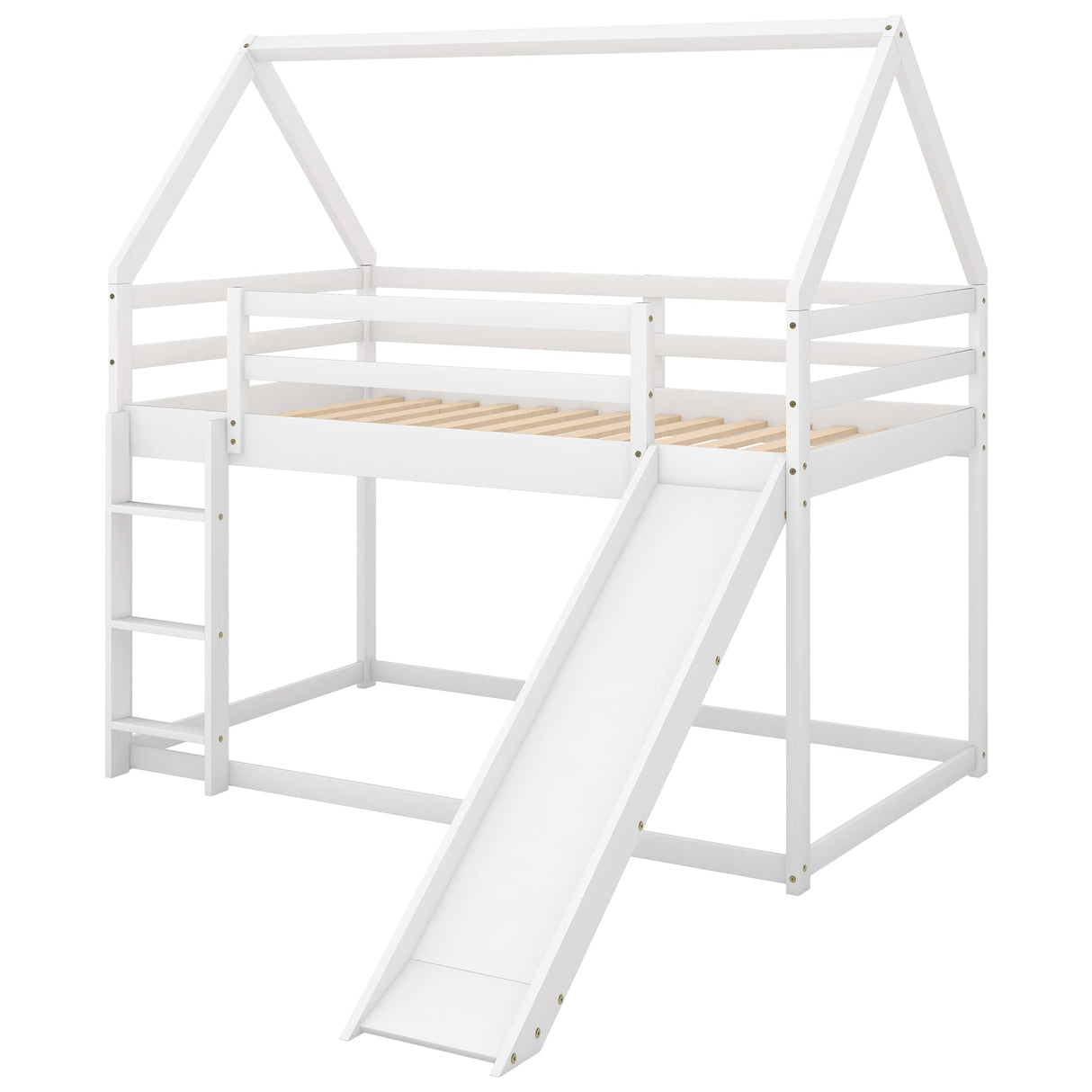 Bellemave Twin Over Twin House Bunk Bed with Slide,Floor Bunk Beds with Ladder for Kids,Solid Wood Twin Size Low Bunk Bed for Girls Boys Bellemave
