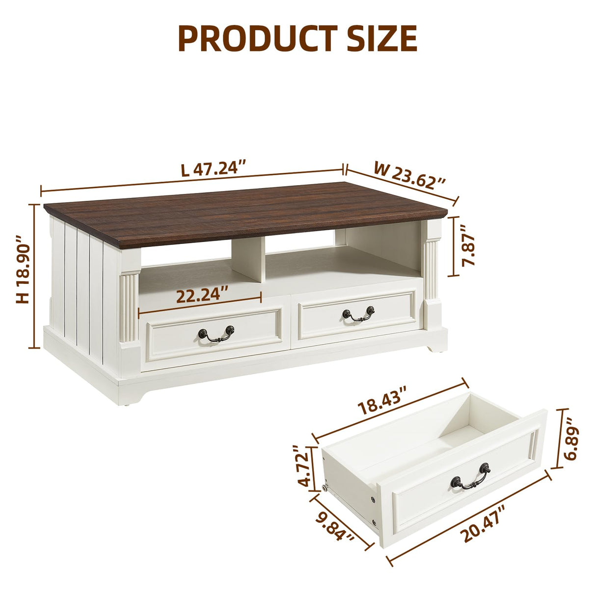Minifeel 48'' Wood Coffee Table for Living Room, Farmhouse Coffee Table with Storage, Rustic Center Table for Living Room with 4 Drawers, Farmhouse & Industrial Cocktail Table for Home Minifeel