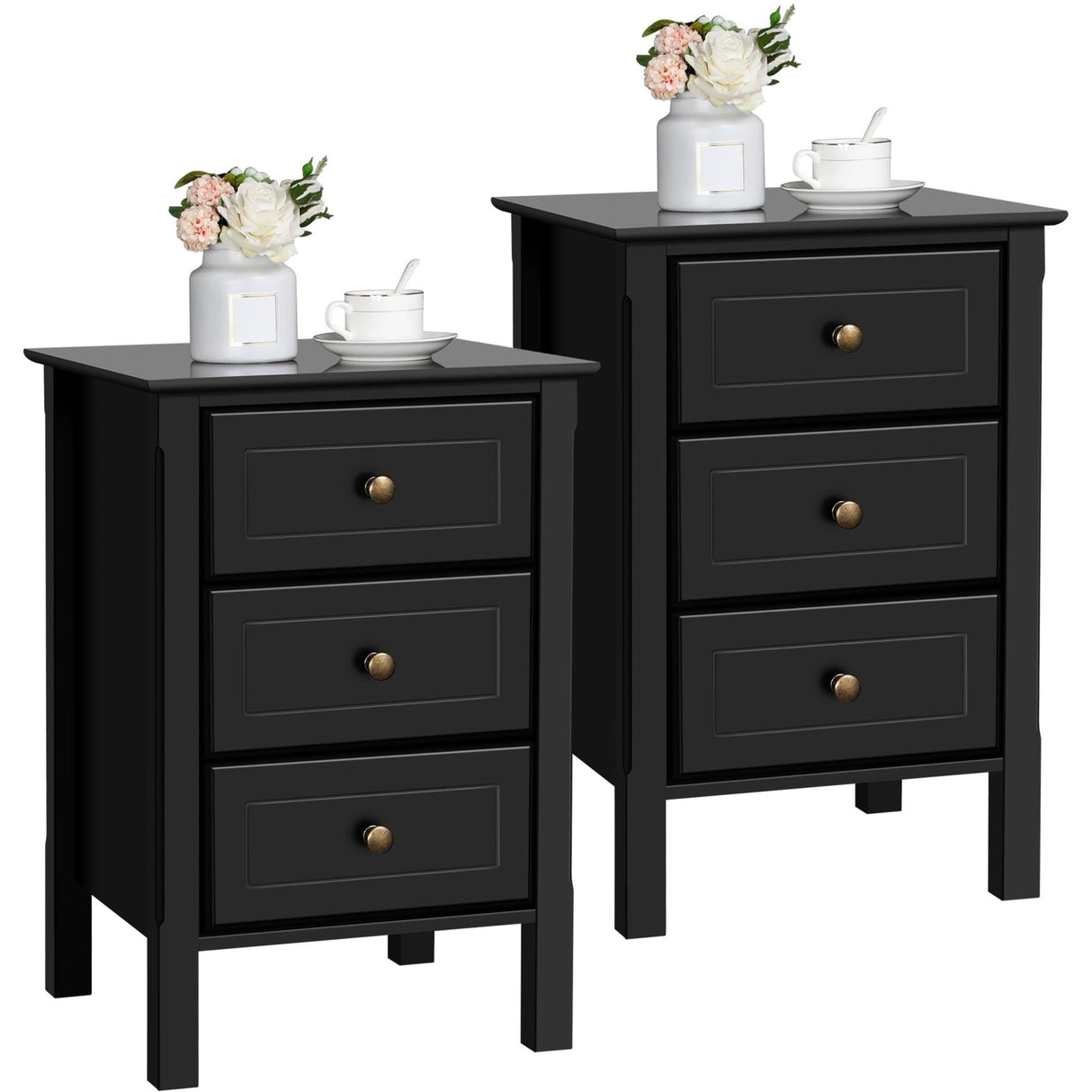 Yaheetech Bedside Table Set of 2, Nightstand with 3 Drawer and Solid Wood Legs, Accent Night Stand with Storage Cabinet for Bedroom Home Office, 16″ L × 16″ W × 24″ H, Black Yaheetech