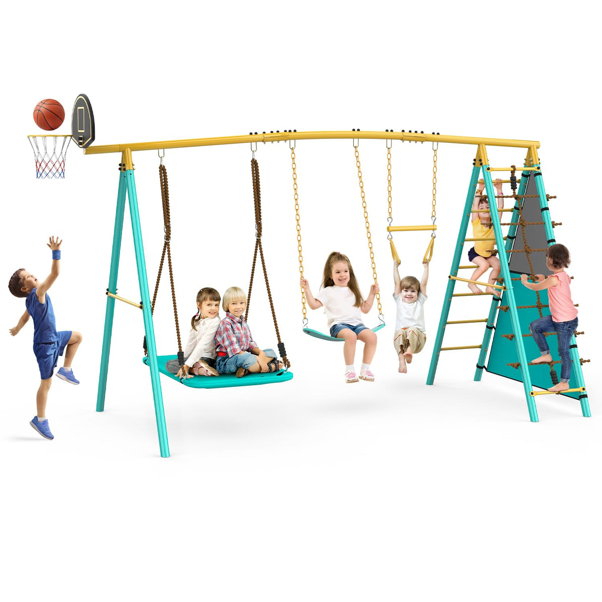 Jocoevol Swing Set for Backyard, Heavy-Duty Metal Swing Sets for Kids with 2 Swings, Climbing Ladder and Nets,Trapeze Bar, Soccer Goals and Basketball Hoop Up to 660lbs Jocoevol