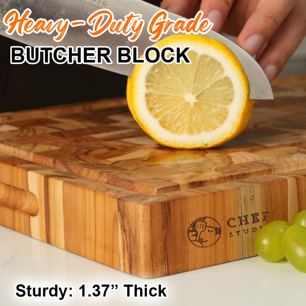 Chef Studio Large Teak Wood Cutting Board, End Grain Butcher Block Cutting Board For Kitchen, Big Wooden Kitchen Carving Chopping Boards, Juice Groove, Reversible, Hand Grips, Size 15.8x11x1.37 inch Chef Studio
