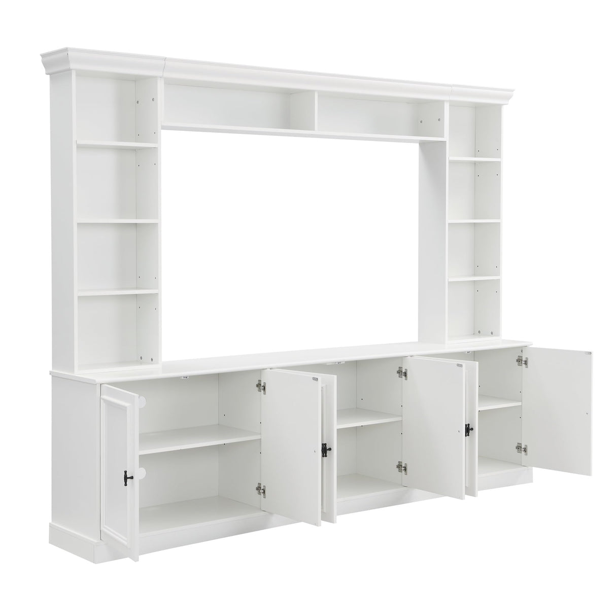 97.4"W Elegant 4-Piece Wall Unit Entertainment Center with Bookshelf for TVs Up to 70", Versatile TV Stand with Adjustable Shelf and Bridge, Mid-Century Media Console for Living Room (White/TV) Hlcodca