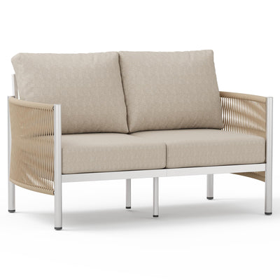 Oasbira Aluminum Outdoor Patio Couch Loveseat, HDPE Rope Patio Sofa with Washable Thick Cushion, All-Weather Patio Furniture for Balcony, Yard, Silver Frame, Beige