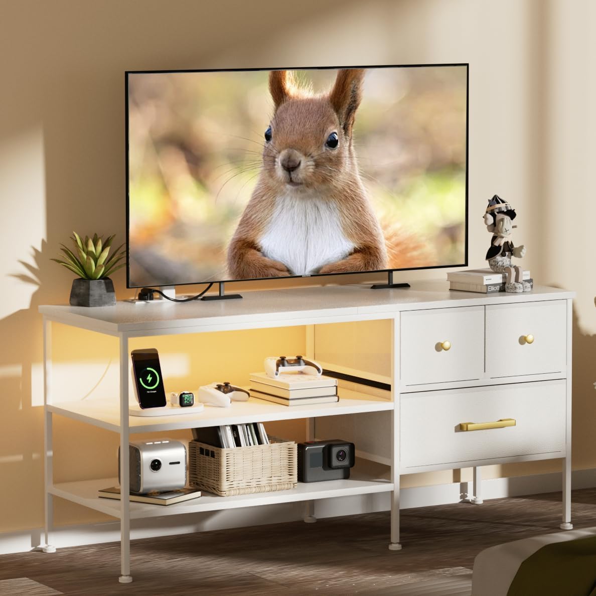 YILQQPER TV Stand with LED Lights & Power Outlet for 55 Inch TVs, Entertainment Center with 3 Storage Drawers and Shelves, TV Stands for Living Room and Bedroom, 50" TV Console, White YILQQPER