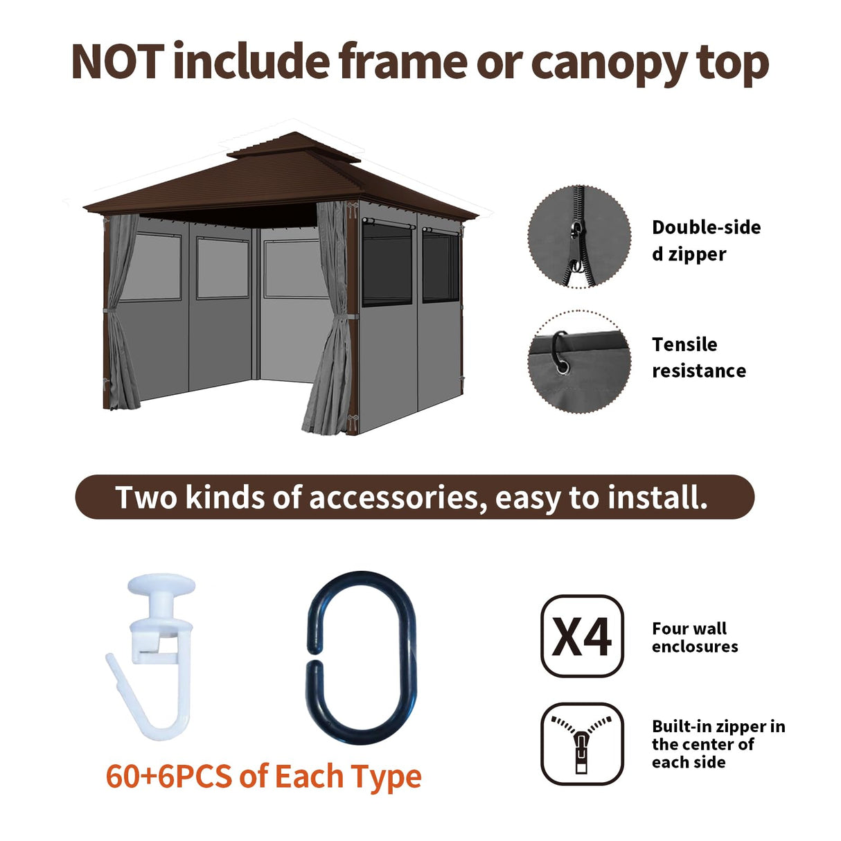 Homegroove Gazebo Universal Replacement Privacy Curtain, 12'x12' Gazebo Curtains Outdoor Waterproof, 4-Panels Sidewall Curtains with Zipper and Mesh Windows for Backyard, Garden, Yard homegroove