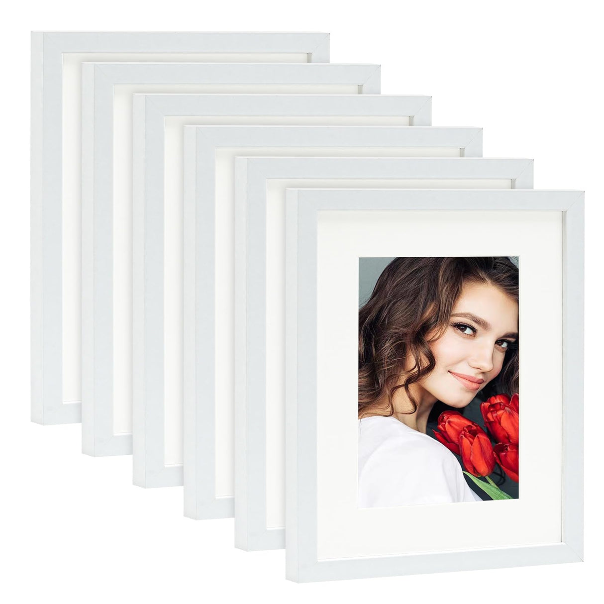 LBECUA 8x10 Picture Frame Set of 6, Display Pictures 8x10 without Mat or 5x7 with Mat, Horizontal and Vertical for Wall and Tabletop, White LBECUA