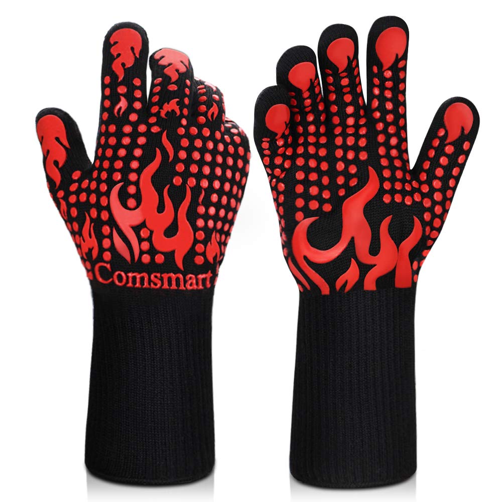 Comsmart BBQ Gloves, 1472 Degree F Heat Resistant Grilling Gloves Silicone Non-Slip Oven Gloves Long Kitchen Gloves for Barbecue, Cooking, Baking, Cutting Comsmart