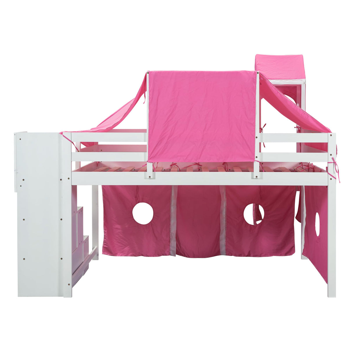 Merax Low Loft Bed Full Size with Slide and Storage Stairs, Wood Loft Bed with Tent & Tower, for Boys & Girls, Pink Merax