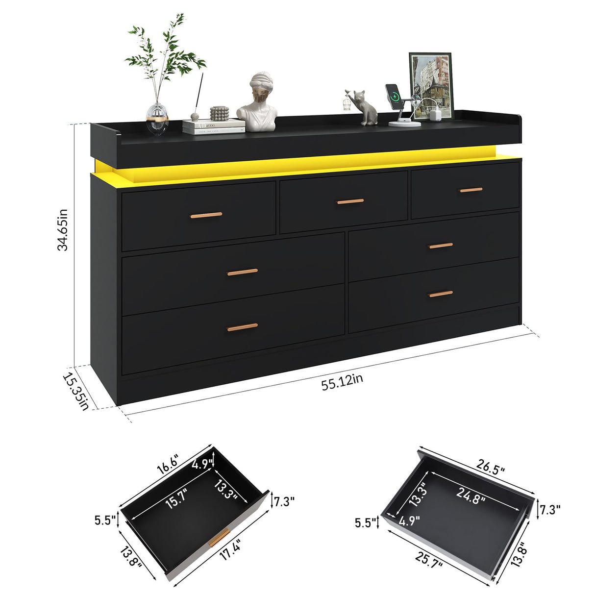 jiteentarou 7 Drawer Dresser with Charging Station and LED Lights, Modern Chest of Drawers with Power Outlet, Organizer Cabinet for Bedroom, Living Room, Entryway, Black jiteentarou