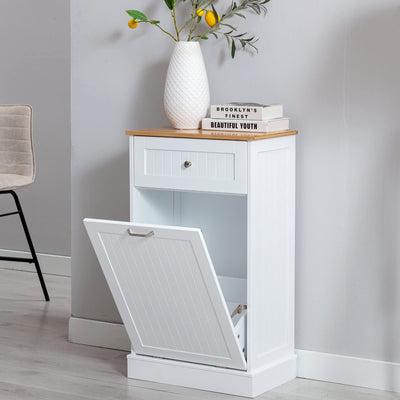 Tilt Out Trash Cabinet, Freestanding Wooden Kitchen Trash Recycling Cabinet with Drawer & Removable Cutting Board, Dog Proof Trash Can Cabinet, White