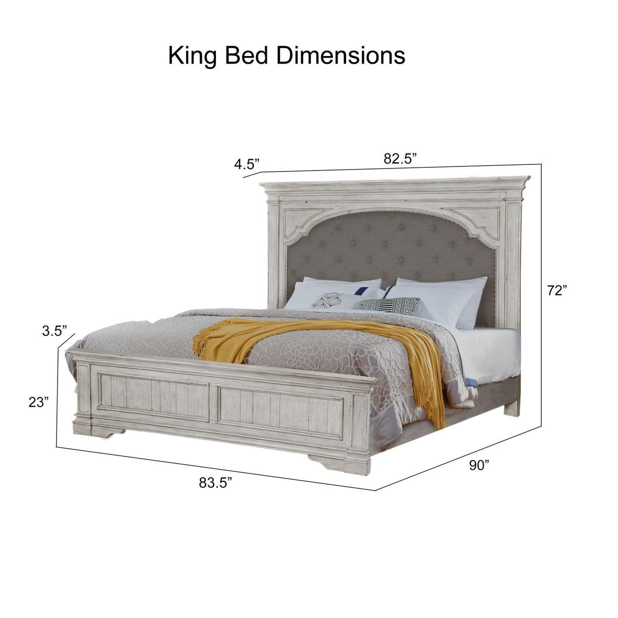 Steve Silver Company Highland Park 83.5" x 90" Farmhouse Wood & Fabric Upholstered Panel King Bed with Button Tufted Headboard, Low Vertical Planked Inset Panel Footboard, in Rustic Ivory Finish Steve Silver