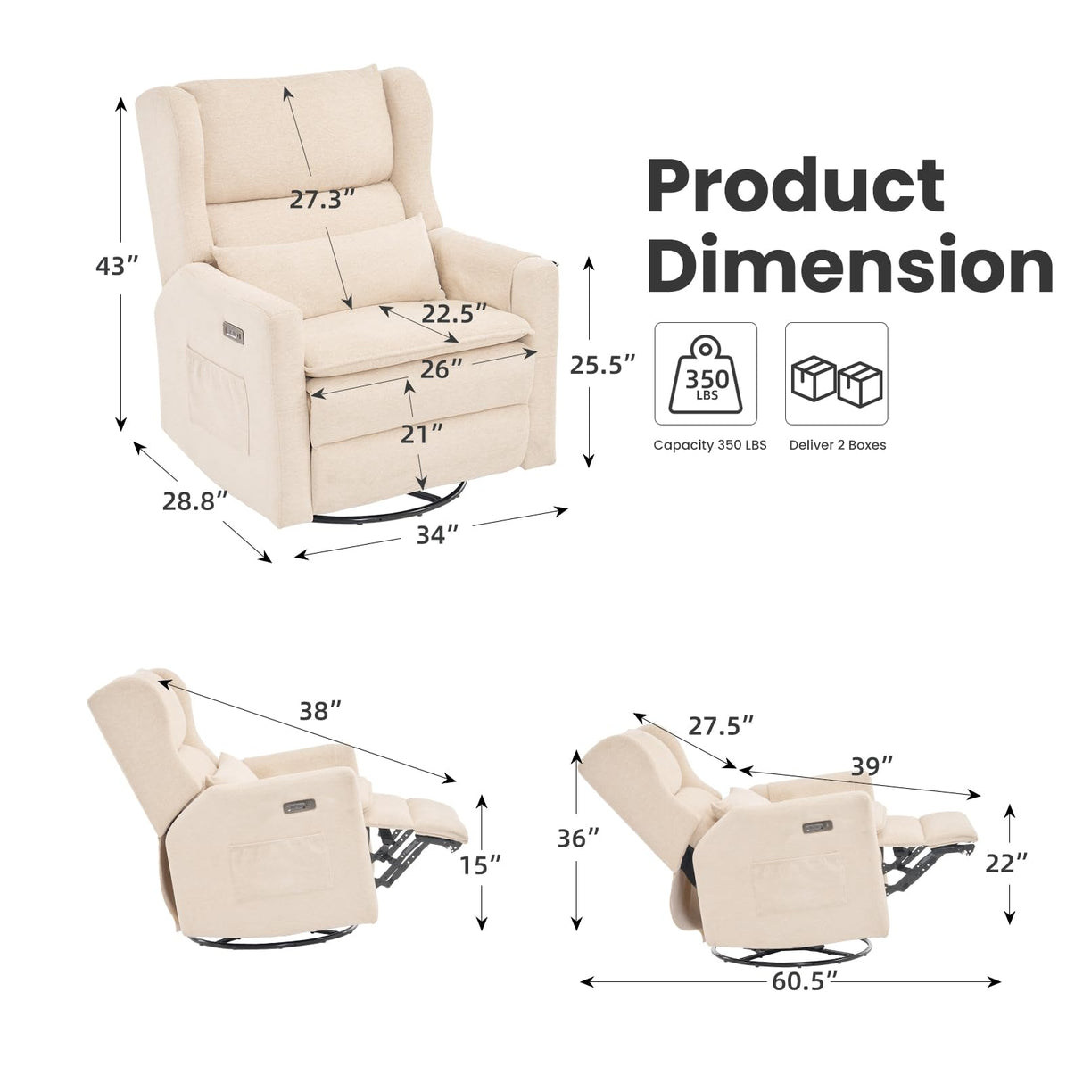RUTOX Oversized Swivel Rocker Recliner with Adjustable Headrest, 26" Extra Wide Glider Recliner Nursery Chair with Double Cushion, Chenille Glider Rocking Chair for Living Room,Cup Holder,Beige RUTOX