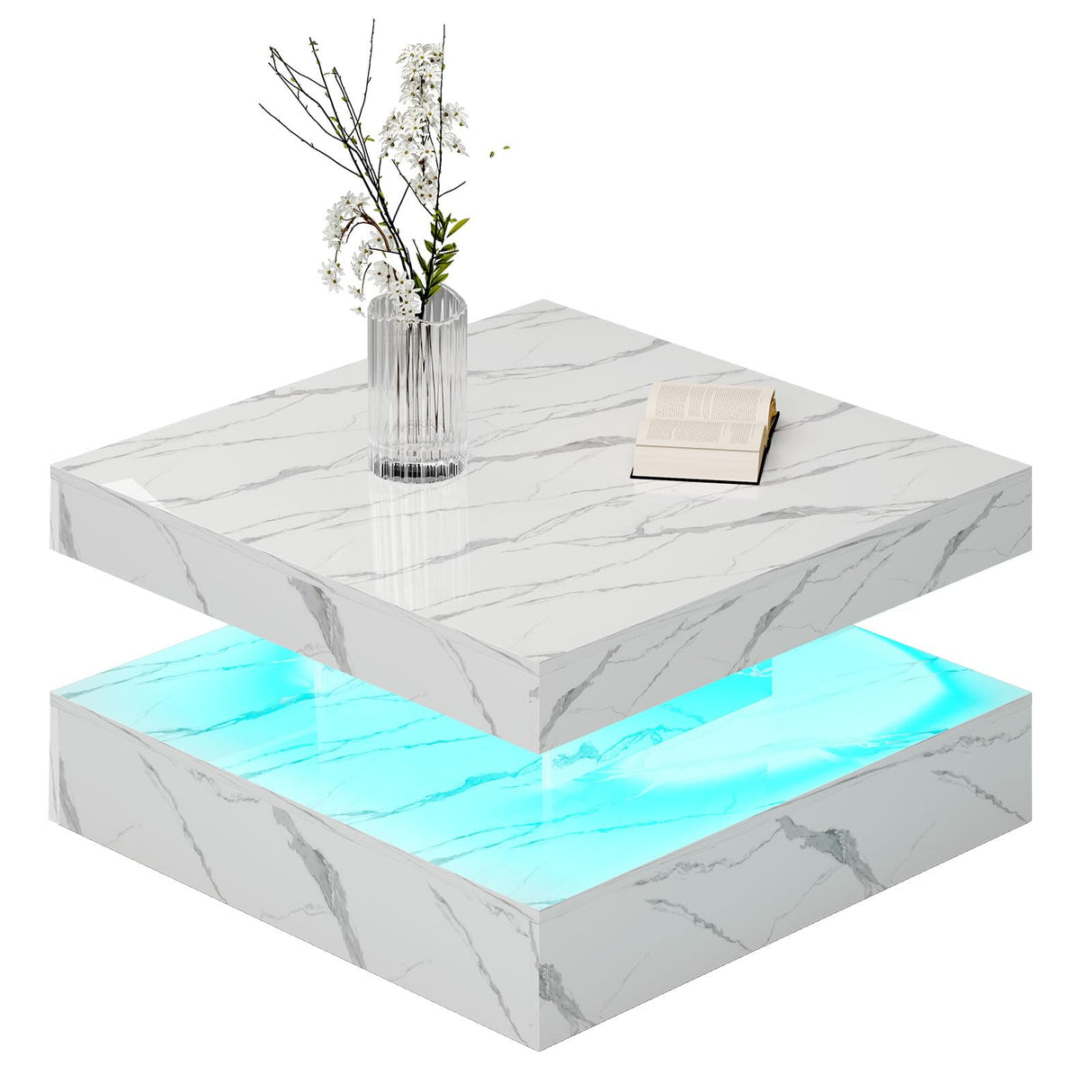 HedoAjim White Marble LED Coffee Table for Living Room, Living Room Table 2-Tier Square Middle Center Table, Modern Coffee Tables with Storage, Contemporary Wood Tea Tables for Dining Reception HedoAjim