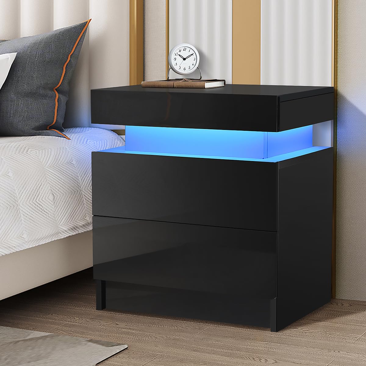 HOMMPA Set of 2 LED Nightstands Modern Black Nightstand with Led Lights Wood Matte Led Bedside Table Night Stand with 2 High Gloss Drawers for Bedroom 20.5" Tall HOMMPA