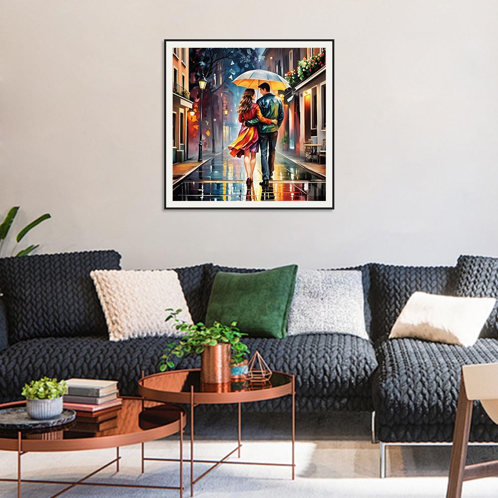 SJUTOUCI Couple in Rain Diamond Painting Kits for Adults, Diamond Art for Beginners, 5D Round Diamond Dots Gem Craft Art Home Wall Decor12x12 inch, Valentine's Day SJUTOUCI