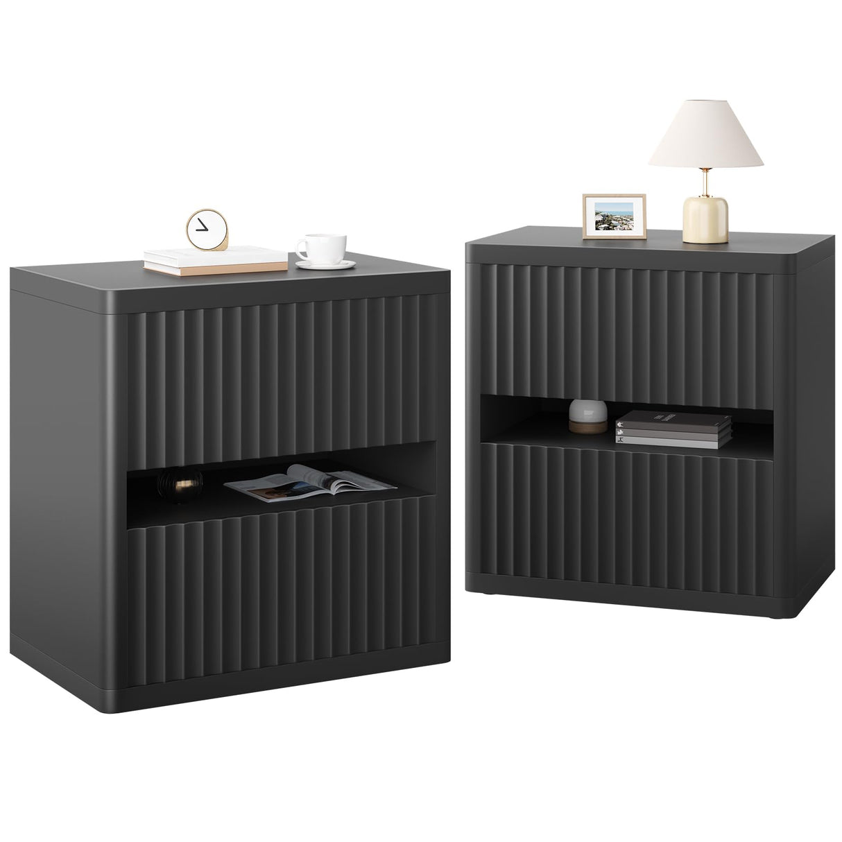 Dripex Fluted Nightstand with 2 Drawers, Large Wide Wood Night Stand Bedside Tables for Bedroom, Mid-Century Modern Storage Bed Side Table, End Tables for Living Room Sofa Couch, Black, Set of 2 Dripex