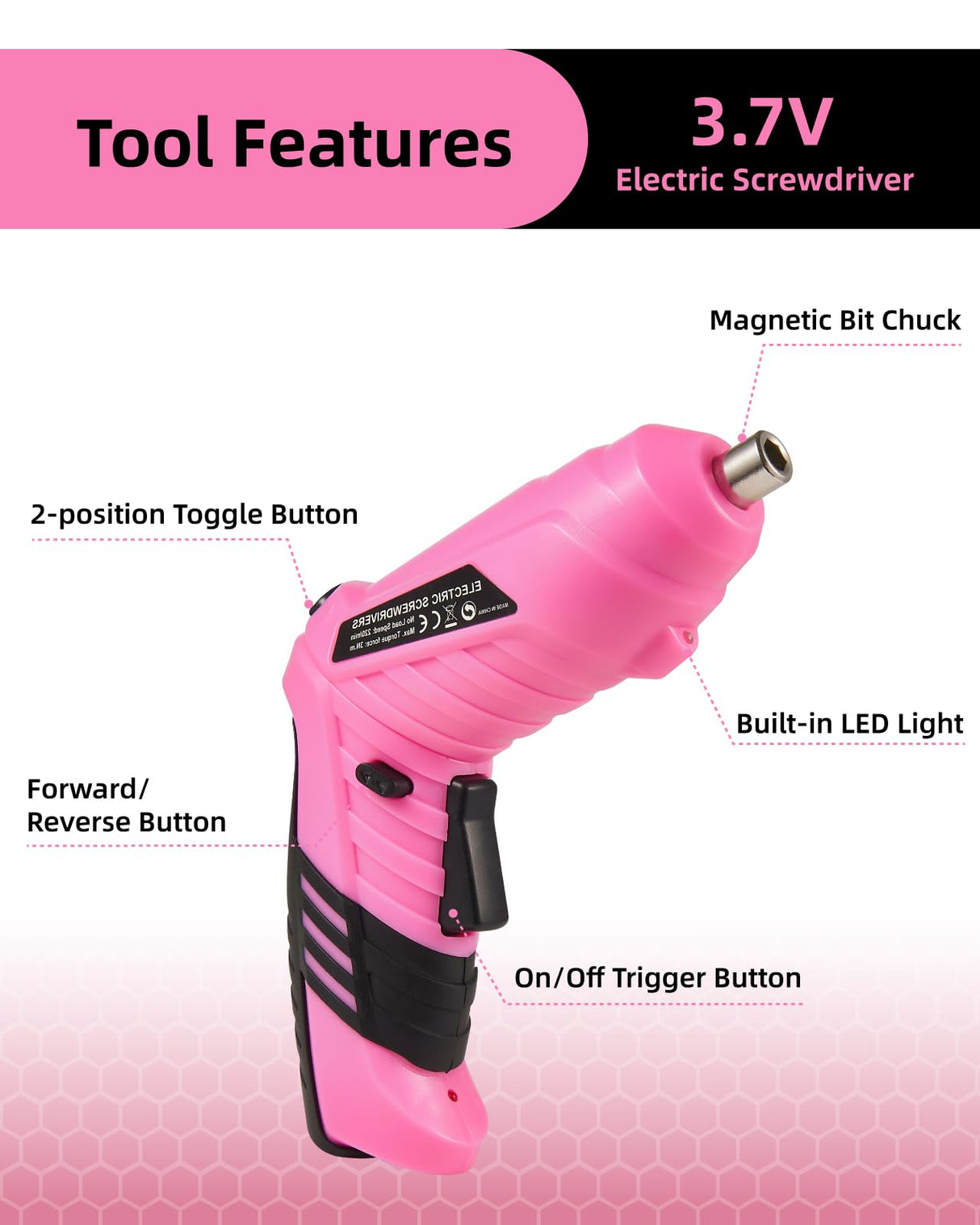 Durofort Pink Cordless Electric Screwdriver Set, 3.7V Rechargeable Small Electric Drill with 48pcs Driver Bit Set, Power 3Nm Screw Gun with 2 Position Handle, Flexible Shaft LED Light for Women DuroFort