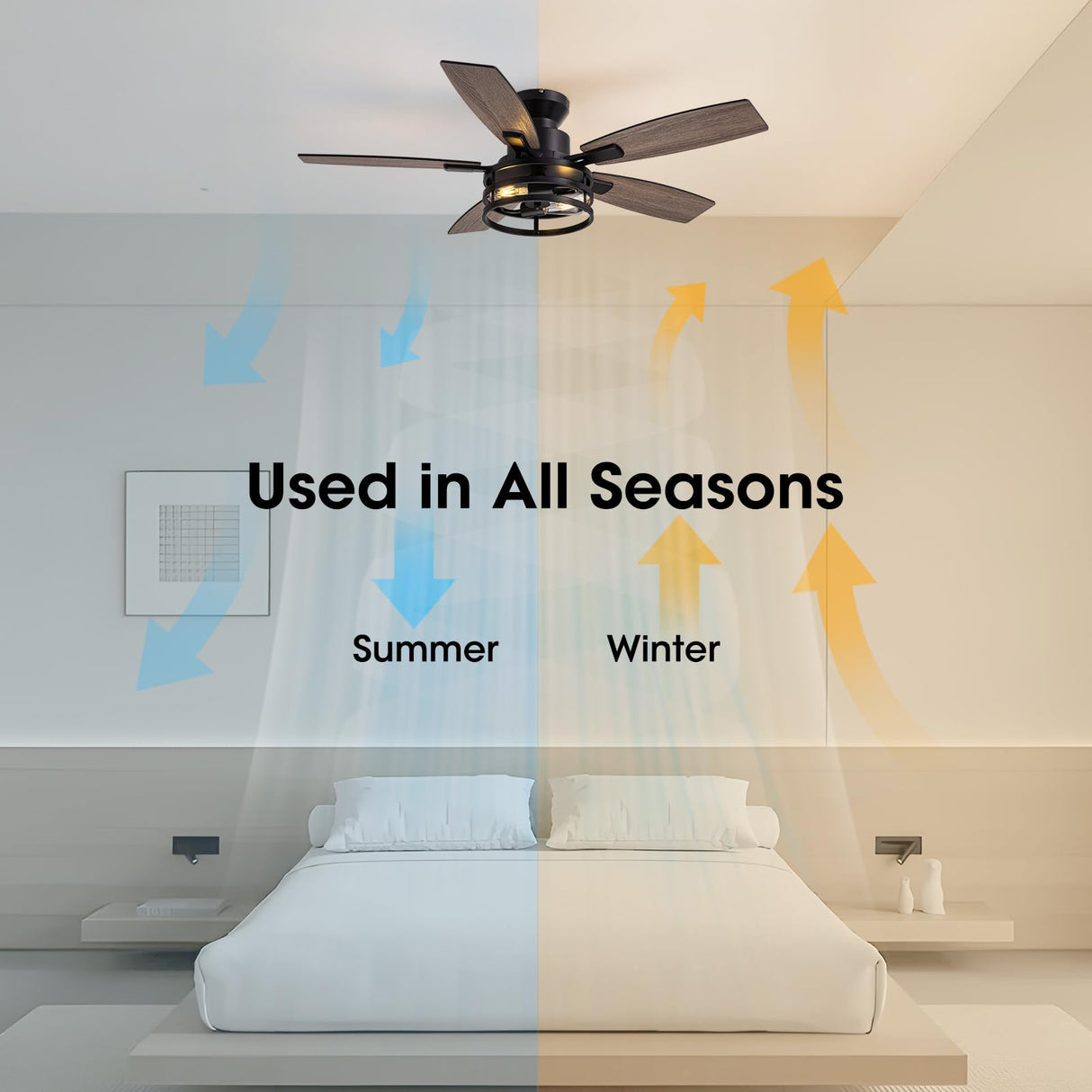 46 Inch Flush Mount Ceiling Fans with Lights and Remote Control, Low Profile Farmhouse Ceiling Fan for Bedroom Living Room and Patio, Black Caged Ceiling Fan for Indoor and Outdoor LuminFan