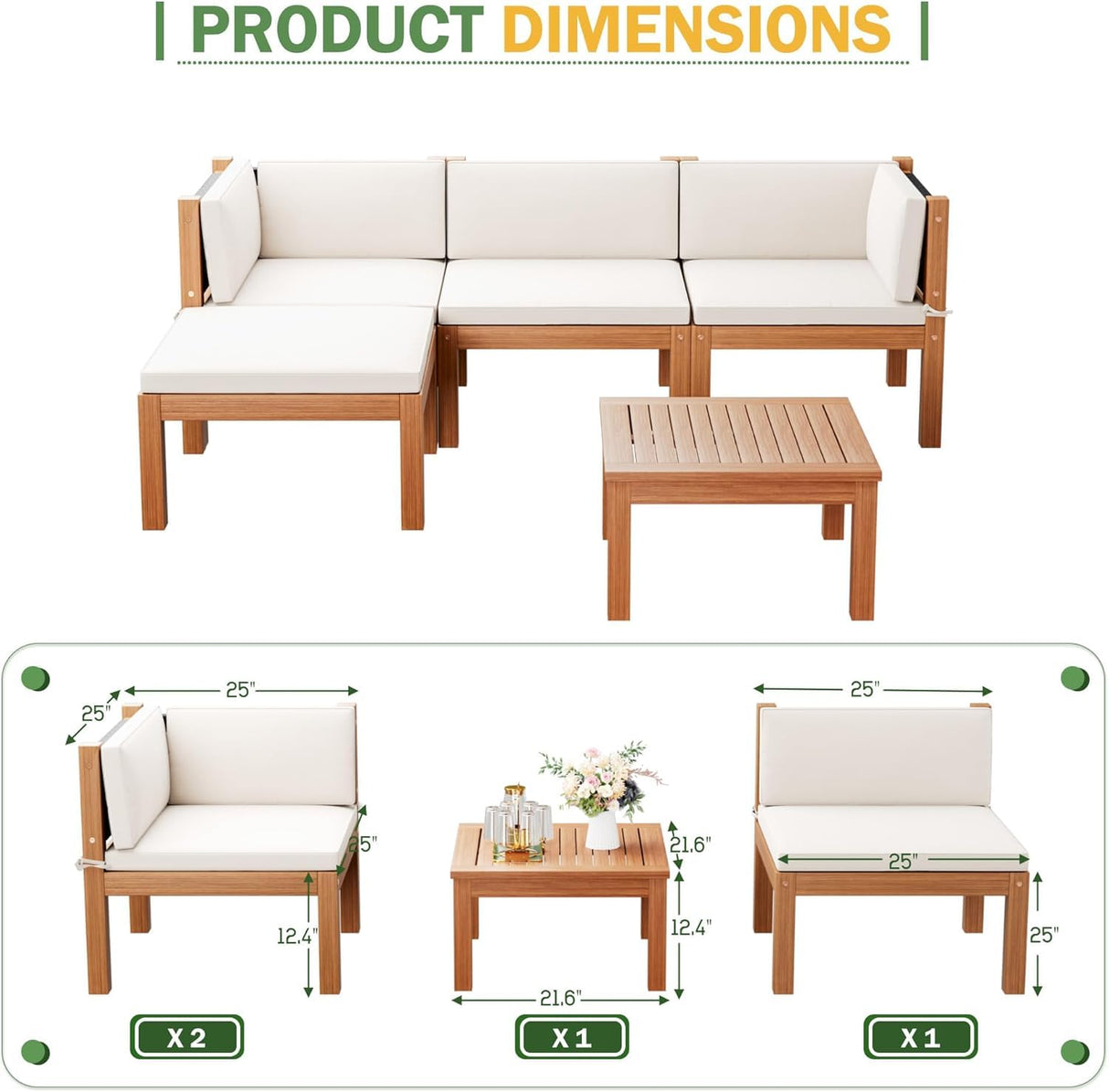 Devoko 5 Pieces Acacia Wood Outdoor Sectional Sofa Set with Coffee Table, Outdoor L-Shaped Couch with All-Weather Cushion for Patio Devoko