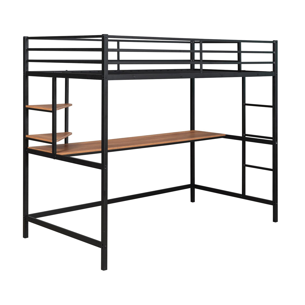 Metal Twin Size Loft Bed with Desk and Storage Shelves,Heavy Duty Loft Bed Frame with Safety Guardrail for Kids Boys Girls,Space Saving Twin,Black Bellemave
