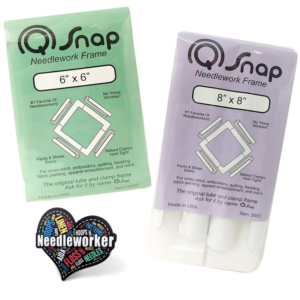 Q-Snap Set: 6 x 6 inch and 8 x 8 inch Frames Plus Decorative 'Needleworker' Sticker ThingamaJungle