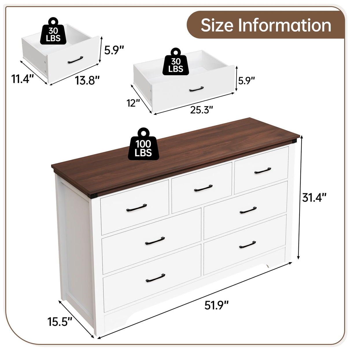 Airynee Farmhouse 7 Drawer Dresser for Bedroom, 51" Wide Chest of Drawers, Wood White Dresser with Deep Drawers, Storage Dressers Organizer for Bedroom, Living Room, Hallway Airynee