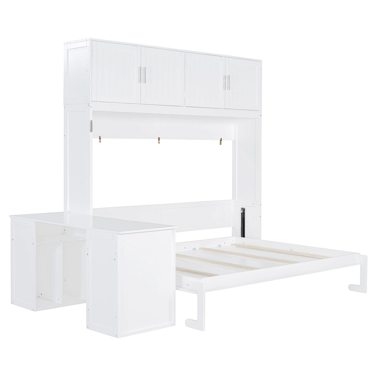 Queen Horizontal Murphy Bed with Desk and Storage Bookcase Shelves,Pine Wood Murphy Wall Bed with Storage Shelves and Desk,for Adults (White) MERITLINE