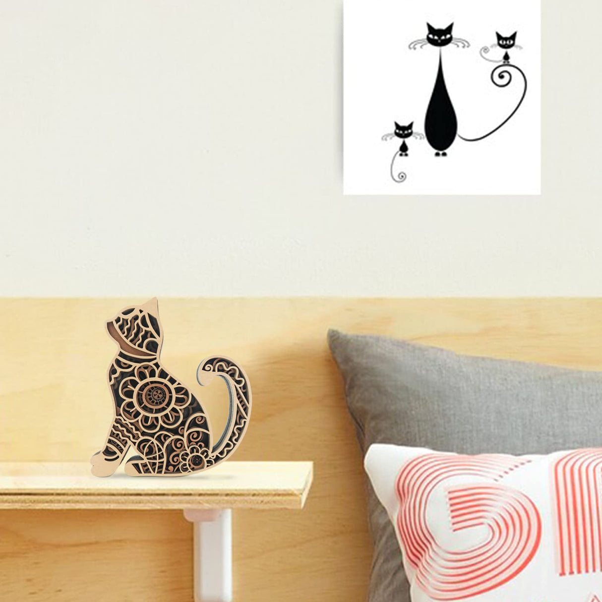 Multi-Layered Cat Decor, Farmhouse Wooden Cat Craft 4 Layer Rustic Kitten Self-Standing Statue Desktop Shelf Tier Tray Display Cat Lovers Gift 6'' Laisgee