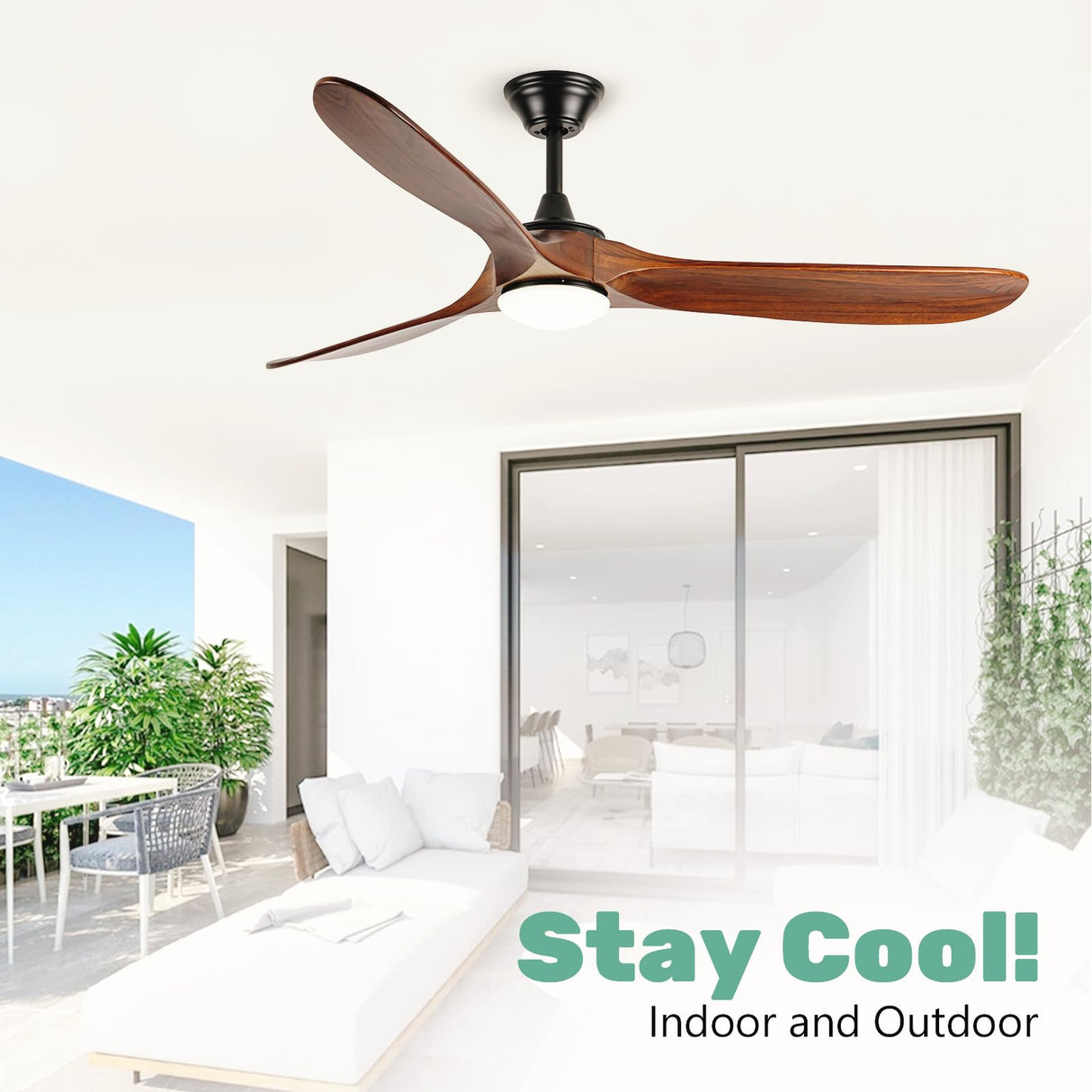 Savey'Sley Ceiling Fan with Lights and Remote, 60 Inch Indoor/Outdoor Modern Wood Led Ceiling Fan With Lights for Porch Bedroom Living Room, Noiseless, Reversible DC Motor, Dimmable 3CCT, Tri-Mount Savey'Sley