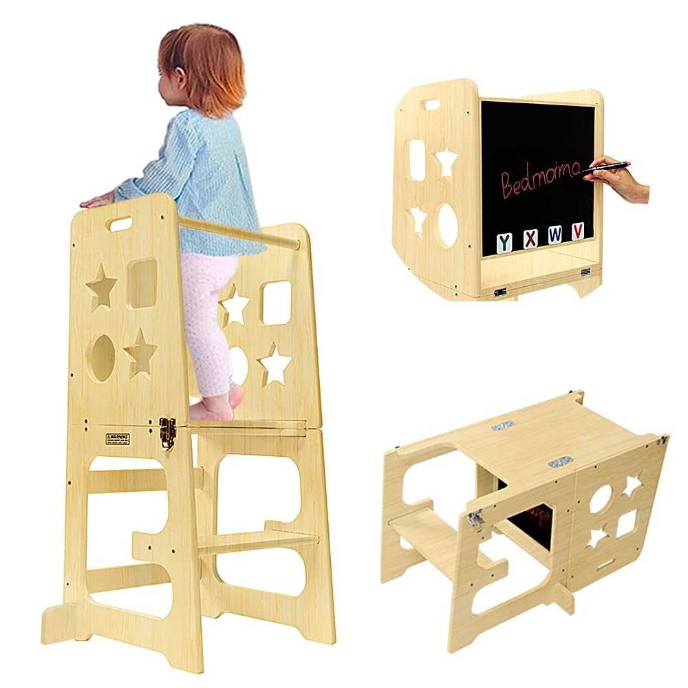 bedmoimo Kids Kitchen Step Stool for Kids with Safety Rail,Solid Wood Construction Toddler Learning Stool Tower, Montessori Toddlers Kitchen Stool, Natural bedmoimo