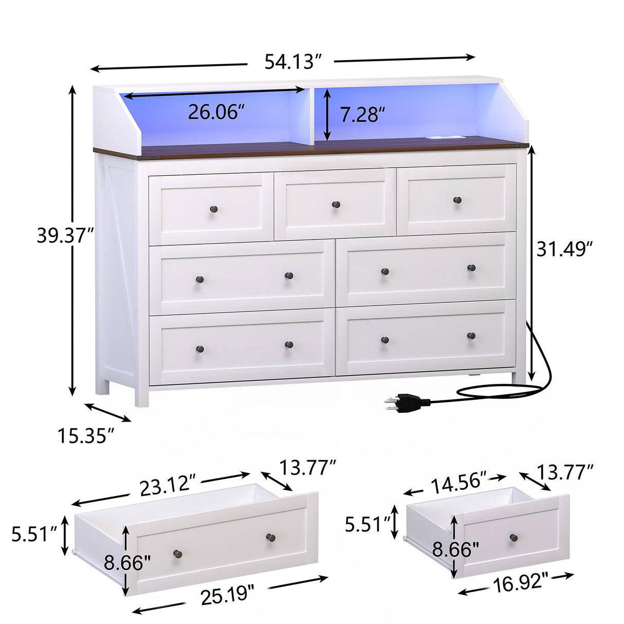 GlouMod White Dresser for Bedroom, 7 Drawer Dresser with LED Lights & Charging Station, Wood TV Stand Chest of Drawers Clothes Storage Organizer for Kids, Girls Bedroom, Closet, Hallway GlouMod