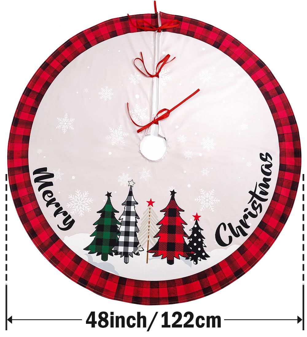 Multiwins Christmas Tree Skirt 48 Inch Red Rustic Xmas Tree Skirt with Snowflake, Black Red Buffalo Plaid Christmas Tree Skirt Ornaments for Merry Christmas Holiday Party Decorations Indoor Outdoor multiwins
