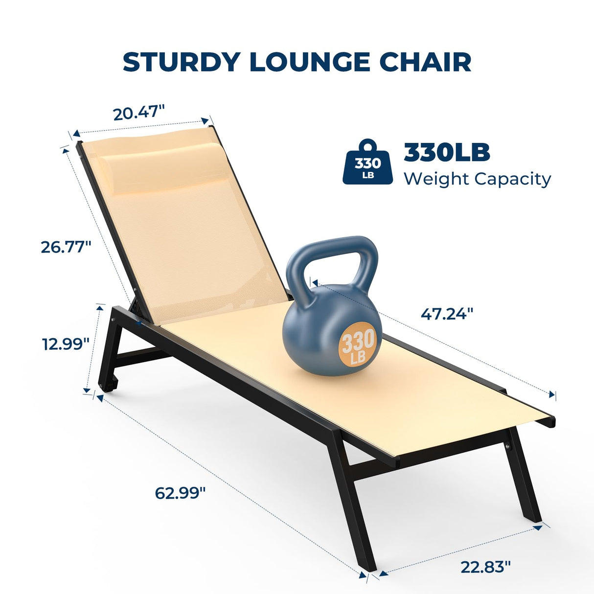 HOMSHADE Outdoor Aluminum Lounge Chair -Set of 2 with 5 Position Adjustable Backrest, Textilene Fabric, Two Wheels, Headrest for Pool, Beach, Beige (No Table) HOMSHADE