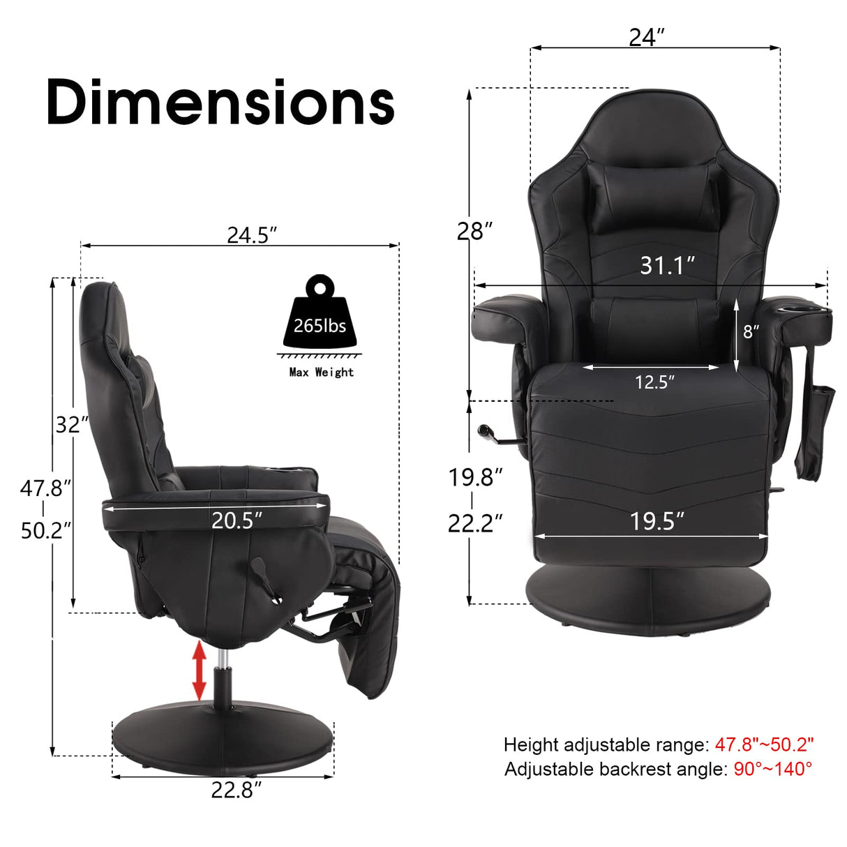 LVUYOYO Reclining Gaming Chair, Gaming Chair with Footrest and Massage, High Back PU Leather Gaming Recliner w/Adjustable Height, Swivel Game Chair with Lumbar Support, Cup Holder, Headrest LVUYOYO