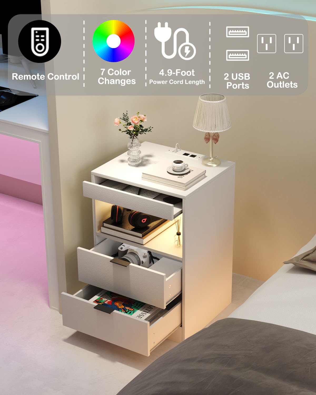 Gadroad LED Nightstand with Charging Station, Bedside Table with 3 Drawers and LED Lights, End Table Sofa Couch Side Table with Pull-Out Shelf, White Gadroad