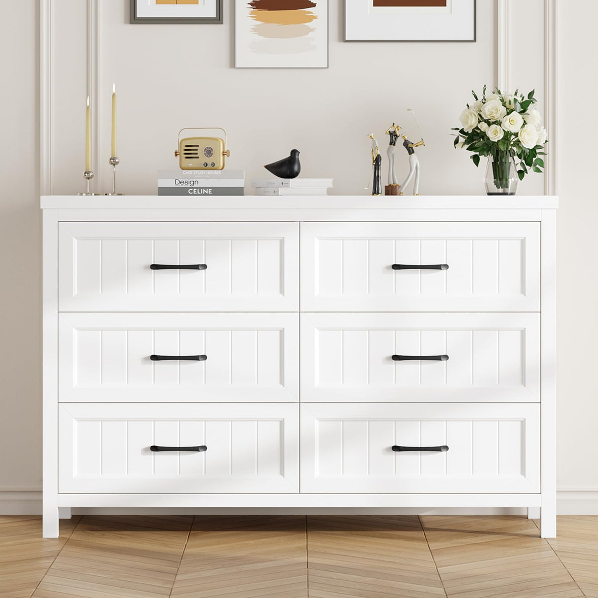 Jocoevol White Farmhouse 6 Drawer Dresser for Bedroom - Large Double Dressers TV Stand with Deep Drawers Dressers for Hallway, Entryway - Off White Jocoevol