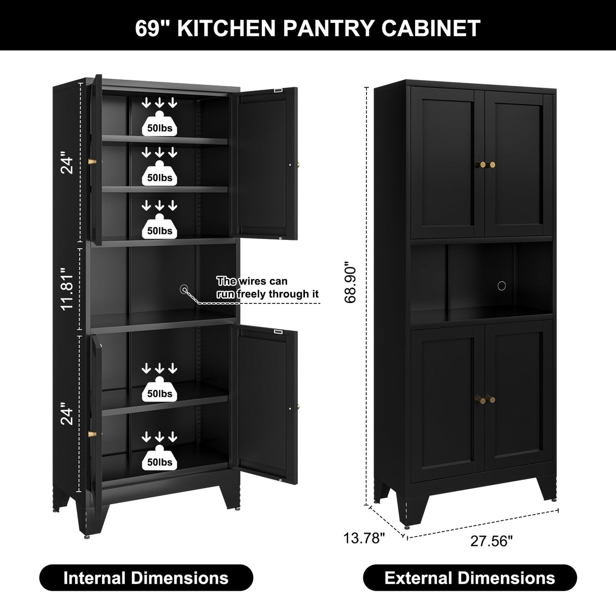 Bevivog 69" Pantry Cabinet,Tall Metal Storage Cabinet with Doors and Adjustable Shelves,High Freestanding Cupboard Locker for Kitchen,Dining Room,Living Room,Office,Black Bevivog