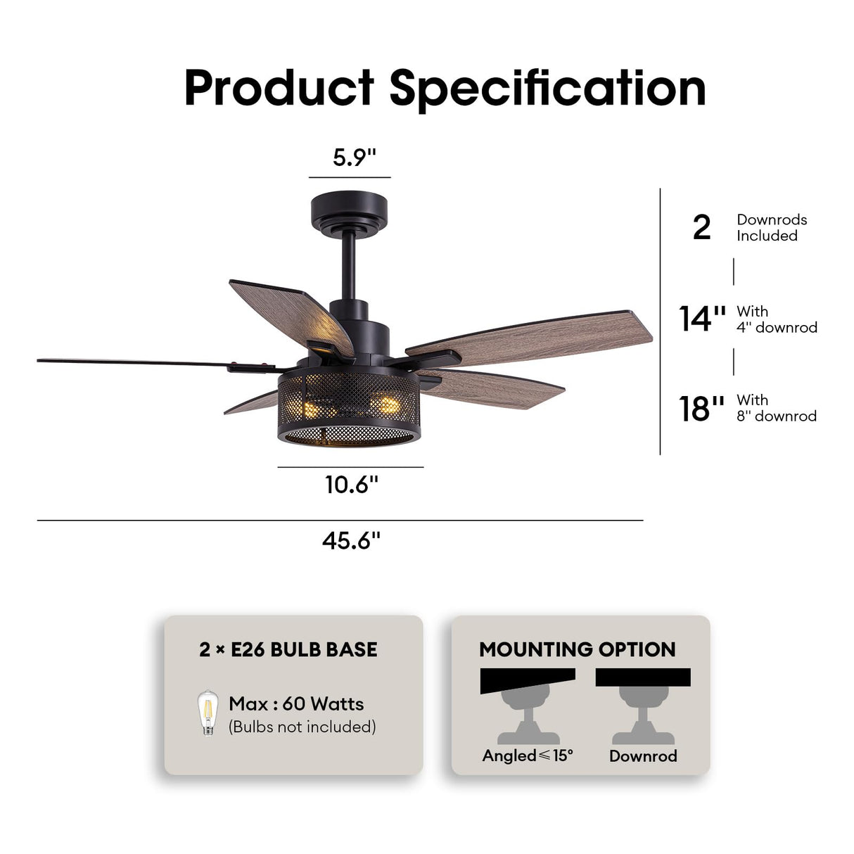 46 Inch Ceiling Fans with Lights and Remote Control, Farmhouse Ceiling Fan for Bedroom Living Room and Patio, Black Caged Ceiling Fan for Indoor and Outdoor LuminFan