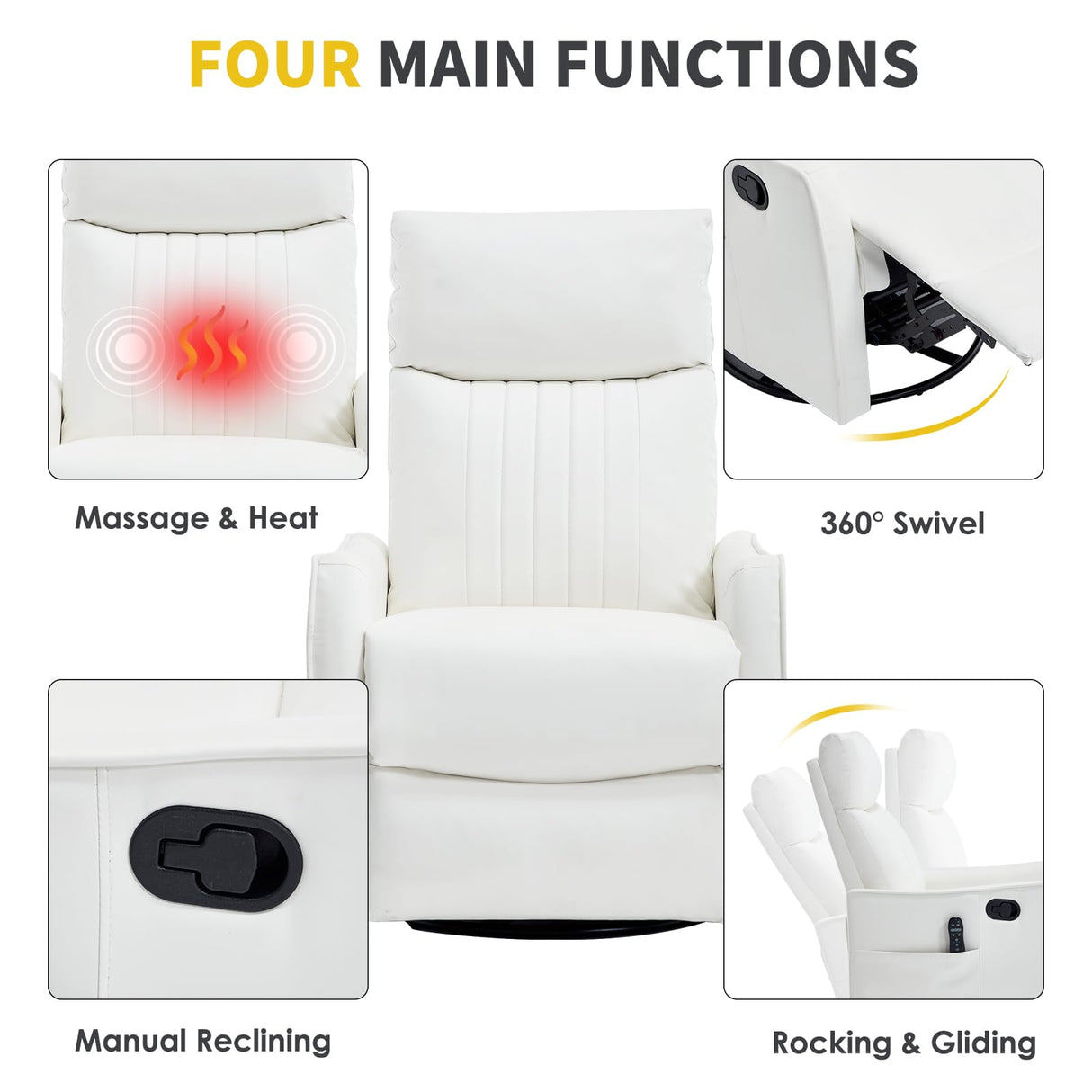 Trustyue Swivel Rocker Recliner Chair, 360° Swivel Recliner with Heat and Massage, Rocker Recliner Upholstered Fabric Nursery Glider Recliner Chair with Side Pockets for Living Room PU White Trustyue