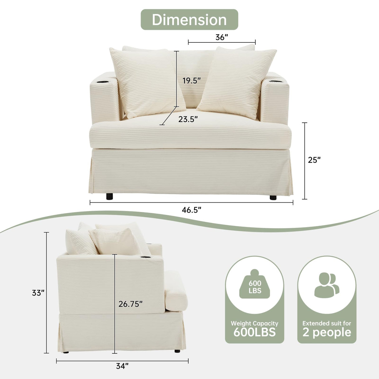 ASAHREE 47'' Mid Century Oversized Reading Armchair Sofa, Corduroy 2 Seater Upholstered Loveseat Couch with 2 Cup Holder, Comfy Modern Accent Chair for Bedroom, Living Room (Corduroy Cream White) ASAHREE