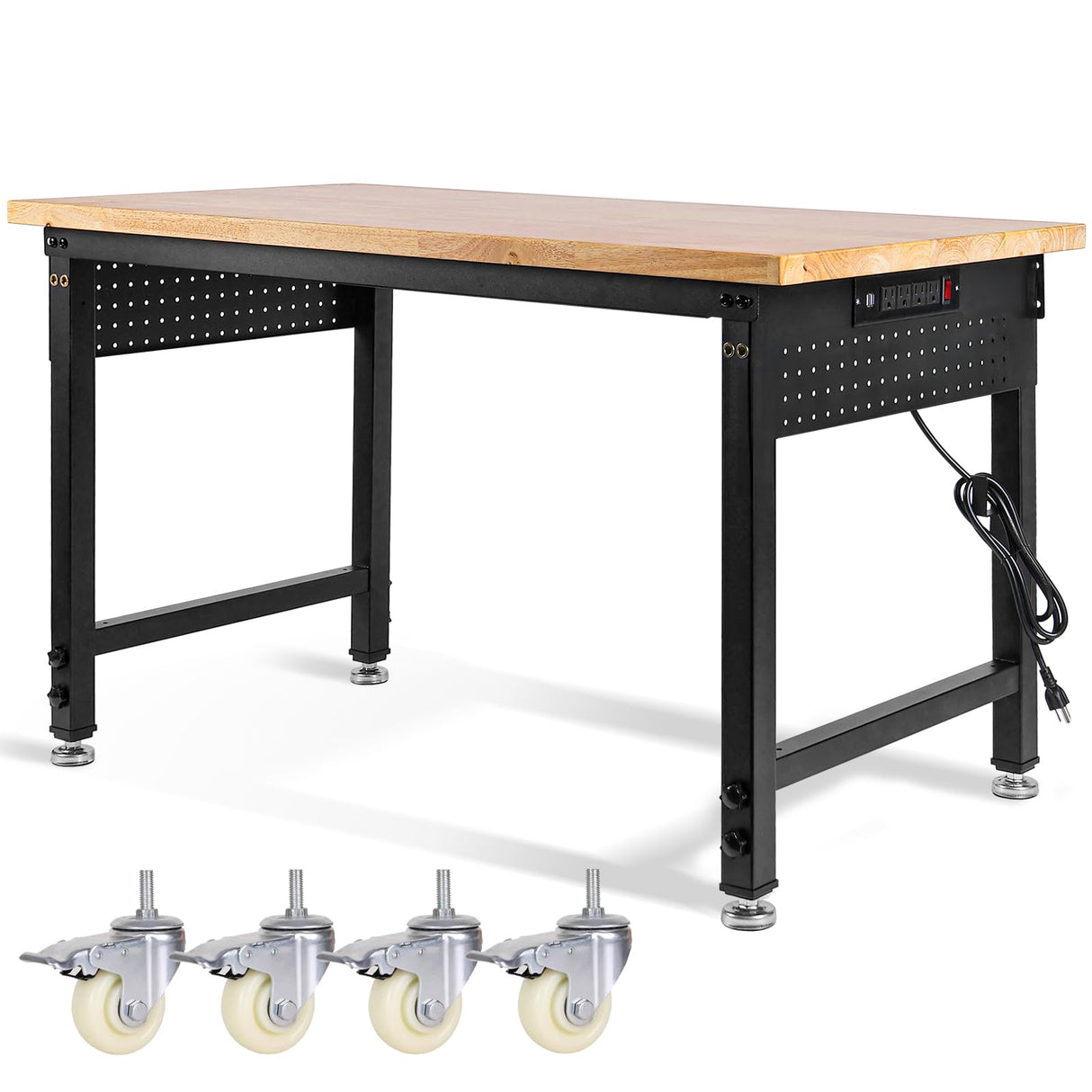 MUWOOD 48" L×24”W Adjustable Workbench with Wheels, 28”-40”Height Heavy Duty Table 2000 LBS Load Capacity, Work Bench with Power Outlet & Pegboard, Rubber Wood Work Table for Garage, Office, Workshop MUWOOD