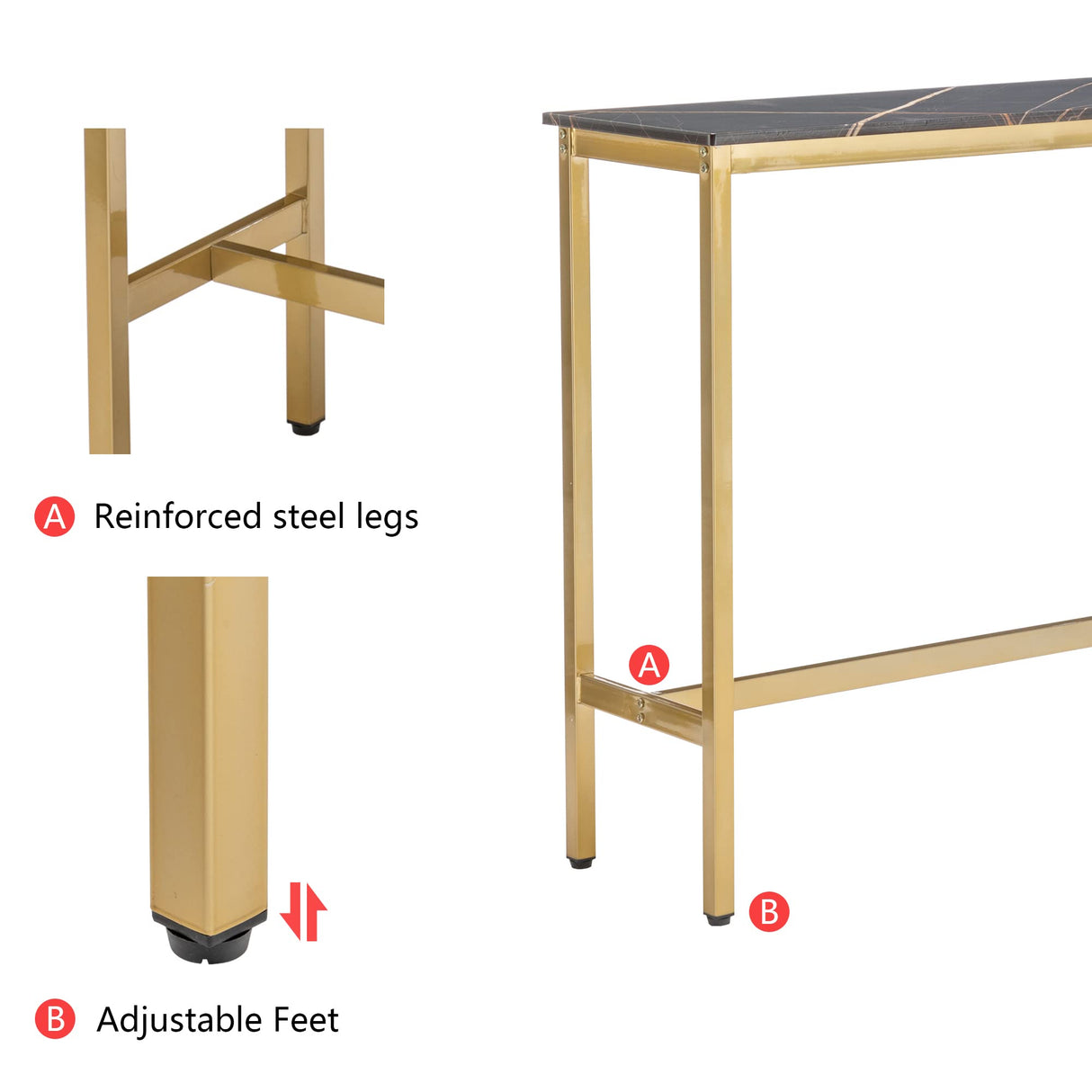 Aklaus 40" Bar Table,Rectangular Industrial Bar Height Table with Sturdy Gold Metal Frame Black Faux Marble Top,Pub Table High Top Dining Table Console Table for Dining Room Living Room Entryway Aklaus