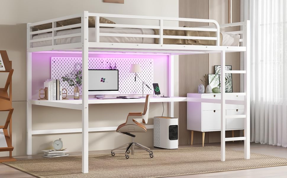 Harper & Bright Designs Queen Loft Bed with Desk, Metal Loft Bed with LED Lighted and Power Outlet, Queen Size Loft Beds with Desk for Teens, Adults, Kids, Noise Reduced Structure,White Harper & Bright Designs