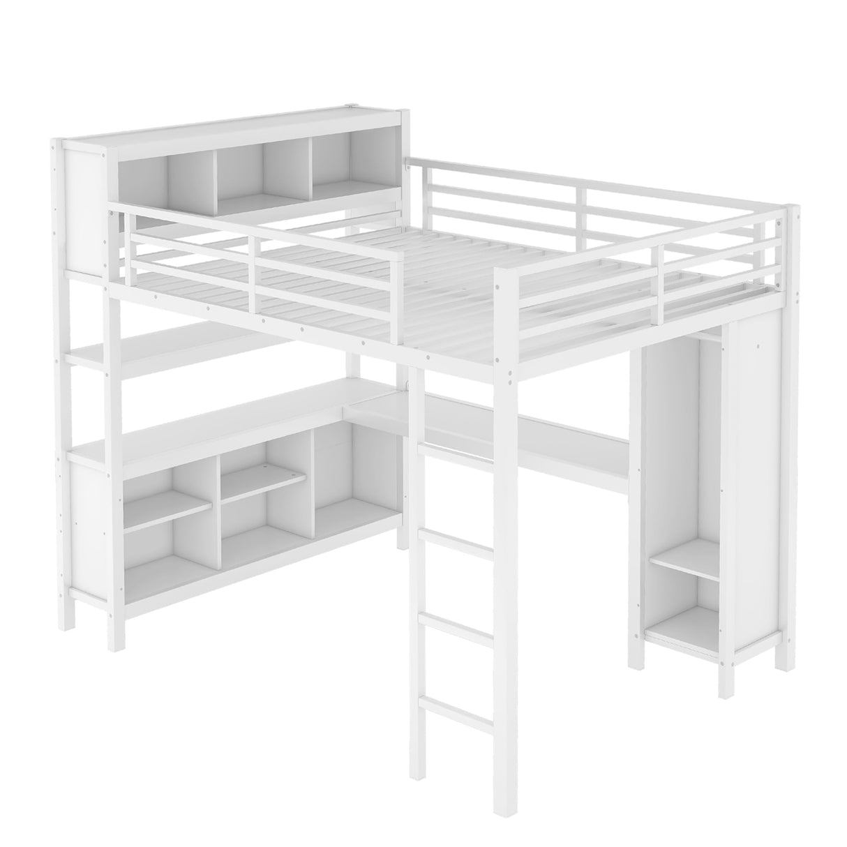 RuiSiSi Queen Size Loft Bed with L-Shaped Desk and Storage Wardrobe, Heavy Duty Metal Loft Bed with Storage Cubes and Shelves for Adults Kids, Space-Saving Loft Bed with Guardrail and Ladder, White RuiSiSi