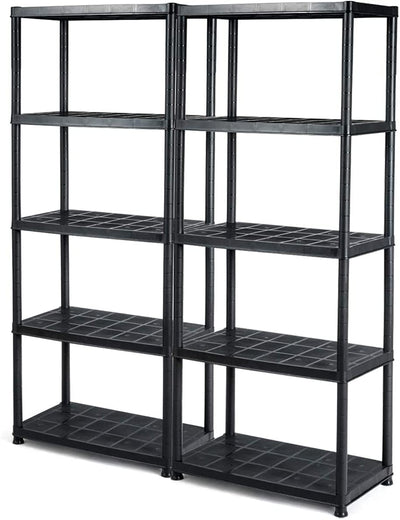 LDAILY 5 Tier Plastic Storage Shelves, Easy to Assemble Garage Rack, Multi-Use Free Standing Shelf Unit, Heavy Duty Shelving for Home Office, Black(2, 36”L X 18”W X 73”H)