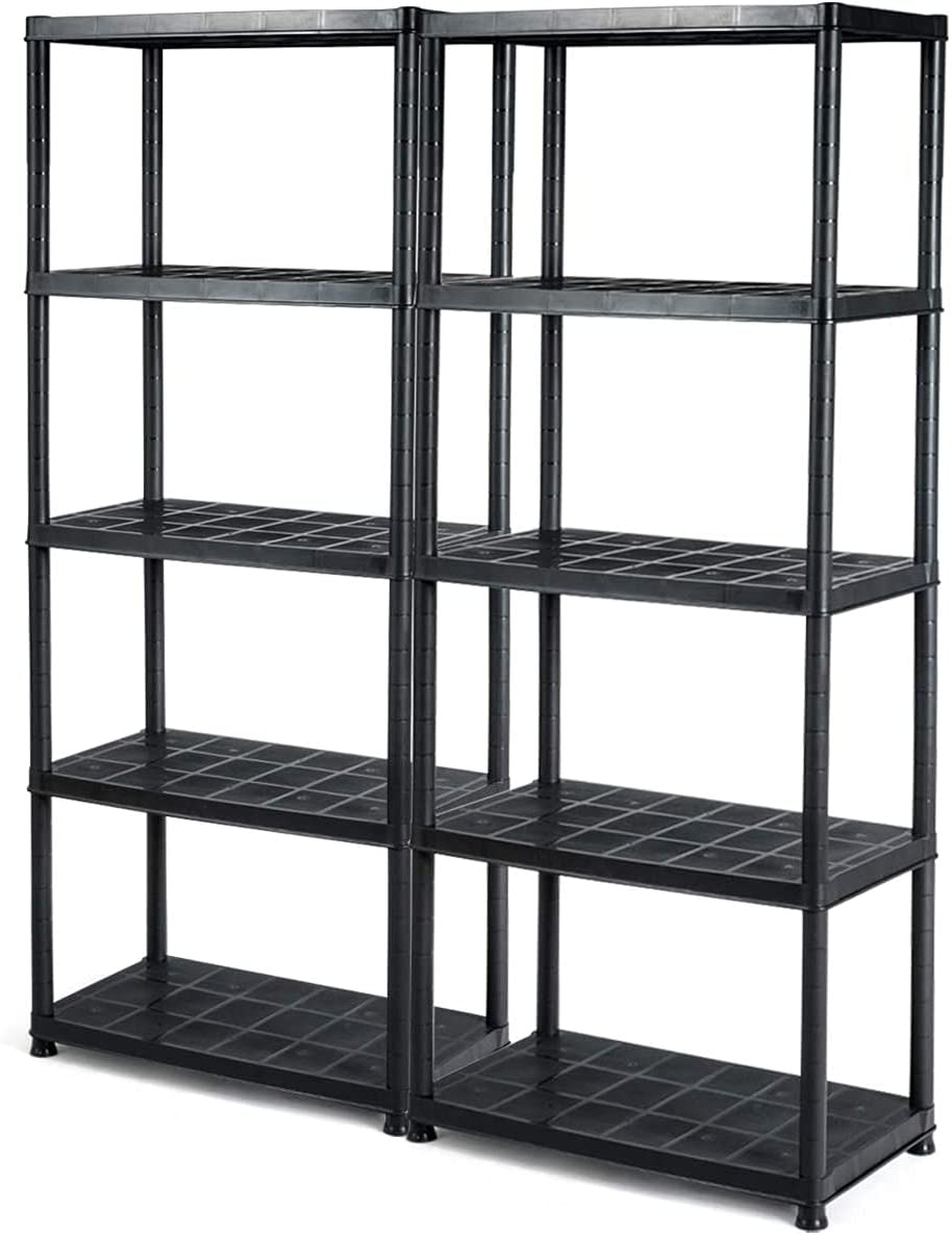 LDAILY 5 Tier Plastic Storage Shelves, Easy to Assemble Garage Rack, Multi-Use Free Standing Shelf Unit, Heavy Duty Shelving for Home Office, Black(2, 28“L X 15”W X 67“H) LDAILY